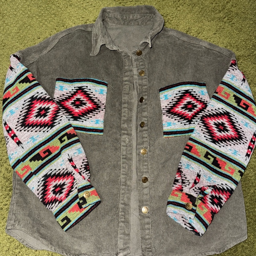 Green Corduroy Shirt with Colorful Patterned Sleeves